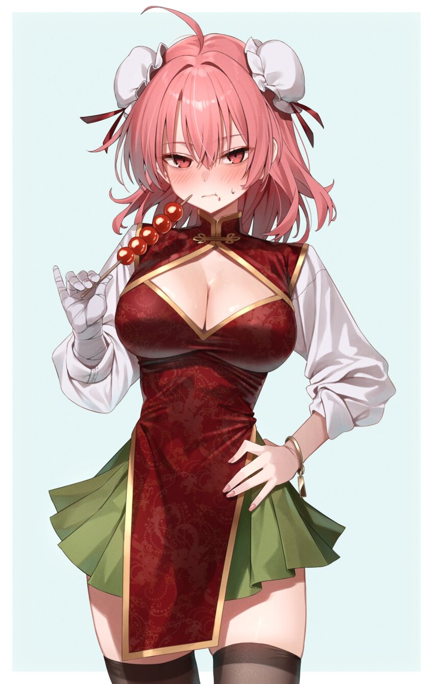 1girl ahoge bandaged_arm bandages bangle black_thighhighs blue_background blush border bracelet breasts bun_cover cleavage cleavage_cutout closed_mouth clothing_cutout commentary_request cowboy_shot dango double_bun fingernails food food_on_face green_skirt greenkohgen hair_between_eyes hair_bun hand_on_own_hip hand_up highres holding holding_food ibaraki_kasen jewelry large_breasts looking_at_viewer mitarashi_dango pink_eyes pink_hair pink_nails pleated_skirt red_tabard shirt skewer skirt solo tabard thighhighs touhou v-shaped_eyebrows wagashi white_border white_shirt