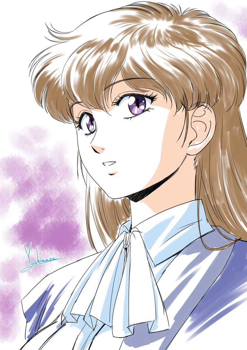 1girl absurdres artist_name ascot brown_hair collared_shirt from_side hades_project_zeorymer hair_behind_ear hair_between_eyes highres himuro_miku jacket long_hair looking_at_viewer parted_lips purple_eyes purple_jacket shirt signature smile solo white_ascot white_shirt yoshinaga_masahiro