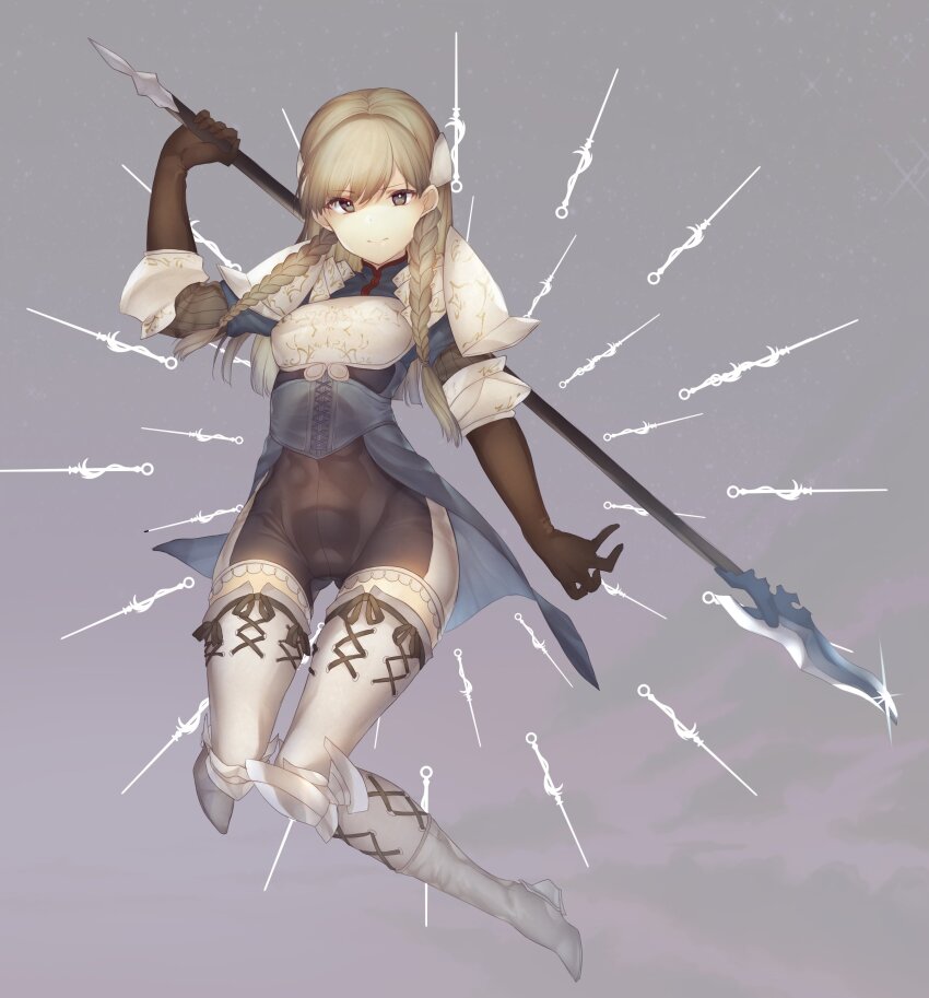 1girl absurdres armor blue_shirt boots braid brown_gloves elbow_gloves full_body gloves grey_background grey_eyes hair_ornament highres holding holding_polearm holding_weapon knee_armor long_hair looking_at_viewer polearm ravness_loxaerion shirt shoulder_armor solo sword tactics_ogre thigh_boots thigh_strap twin_braids two-tone_shorts weapon white_hair yononaka