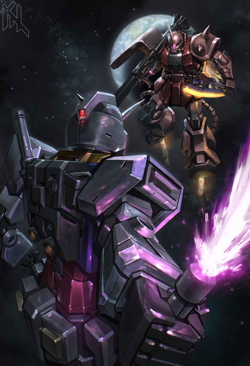 absurdres artist_logo asymmetrical_dual_wielding axe bazooka_(gundam) commentary dual_wielding earth_(planet) energy_sword english_commentary exhaust flying from_behind glowing glowing_eye gundam heat_hawk highres holding holding_axe holding_weapon horns logo mecha mecha_focus mobile_suit mobile_suit_gundam nebula no_humans one-eyed outstretched_arm planet porukima red_eyes robot rx-78-2_gundam science_fiction shoulder_spikes single_horn space spikes star_(sky) sword v-fin weapon zaku_ii_s_char_custom