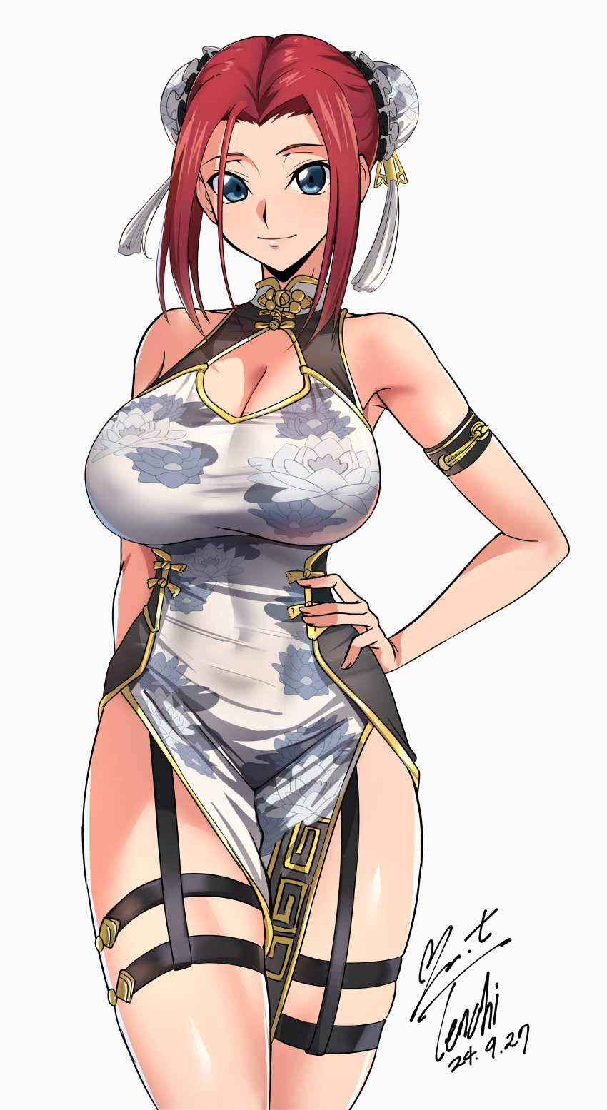 absurdres armband artist_name bare_shoulders blue_eyes breasts china_dress chinese_clothes cleavage cleavage_cutout clothing_cutout code_geass dress hand_on_own_hip highres kouzuki_kallen large_breasts looking_at_viewer parted_bangs red_hair shiny_skin smile thick_thighs thigh_strap thighs white_background yoo_tenchi