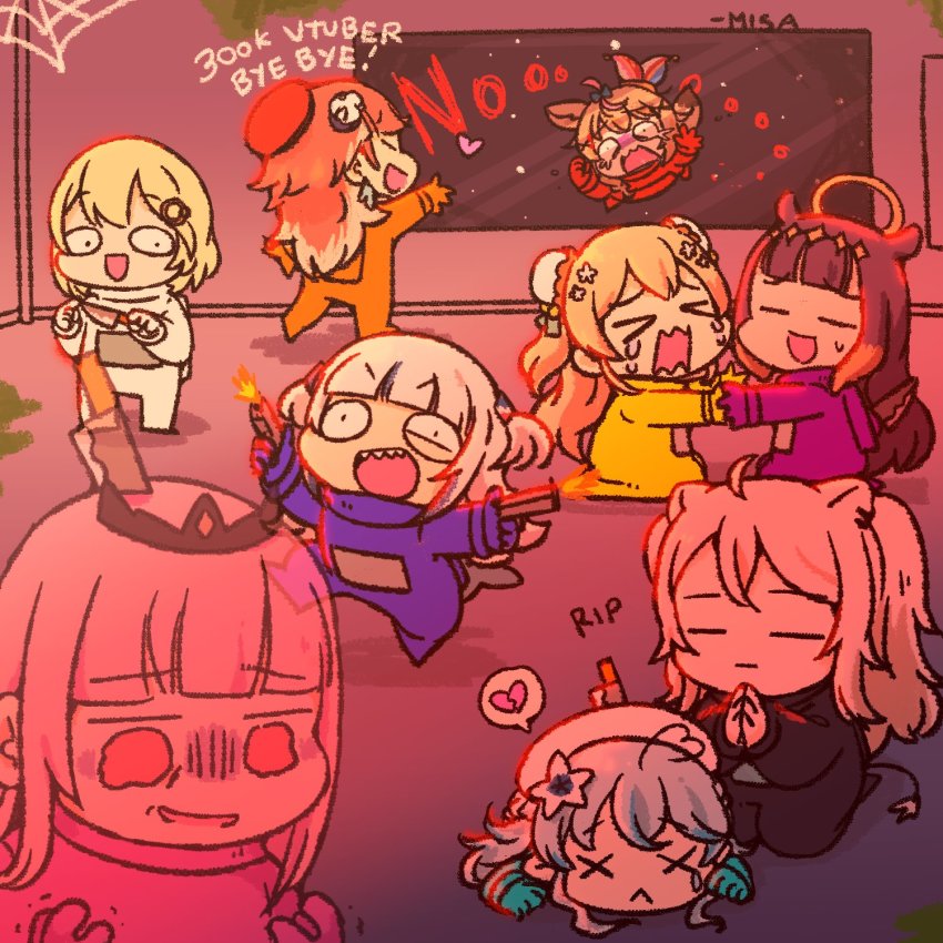 6+girls ahoge among_us animal_ears artist_name bird_girl blonde_hair blue_hair blunt_bangs bun_cover commentary commentary_request cosplay crewmate_(among_us) crewmate_(among_us)_(cosplay) crying death double_bun dual_wielding ejection english_commentary firing flower fox_girl gawr_gura ghost hair_bun hair_flower hair_ornament half-closed_eye heart heart_ahoge highres holding hololive hololive_english indoors knife knife_in_head lion_ears lion_girl lion_tail long_hair long_sleeves looking_at_another mixed-language_commentary momosuzu_nene monster_girl mori_calliope multicolored_hair multiple_girls muzzle_flash ninomae_ina&#039;nis no object_through_head omaru_polka own_hands_together pink_hair ponytail praying scylla shark_girl sharp_teeth shishiro_botan sidelocks signature silk space spacesuit spider_web sweatdrop tail takanashi_kiara teardrop teeth transparent trembling turn_pale upper_teeth_only virtual_youtuber wakatsuki_misato watson_amelia wavy_mouth window x_x yukihana_lamy