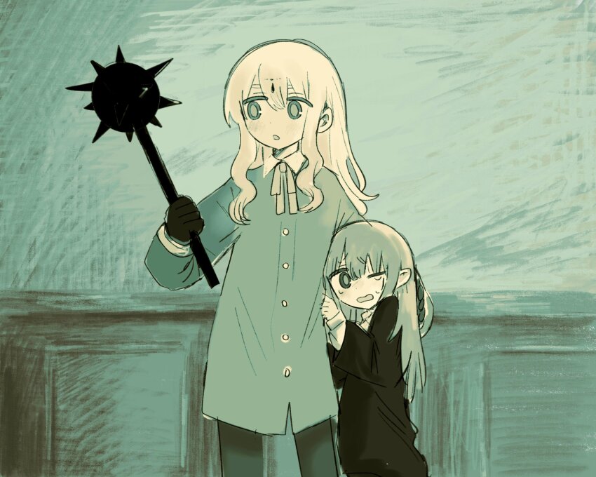 2girls aqua_theme blood blood_in_hair buttons child crying dot_nose dress gloves highres holding holding_weapon indoors long_hair long_sleeves mace monochrome multiple_girls one_eye_closed open_mouth original samekomusousaku scared spiked_mace spikes tears weapon