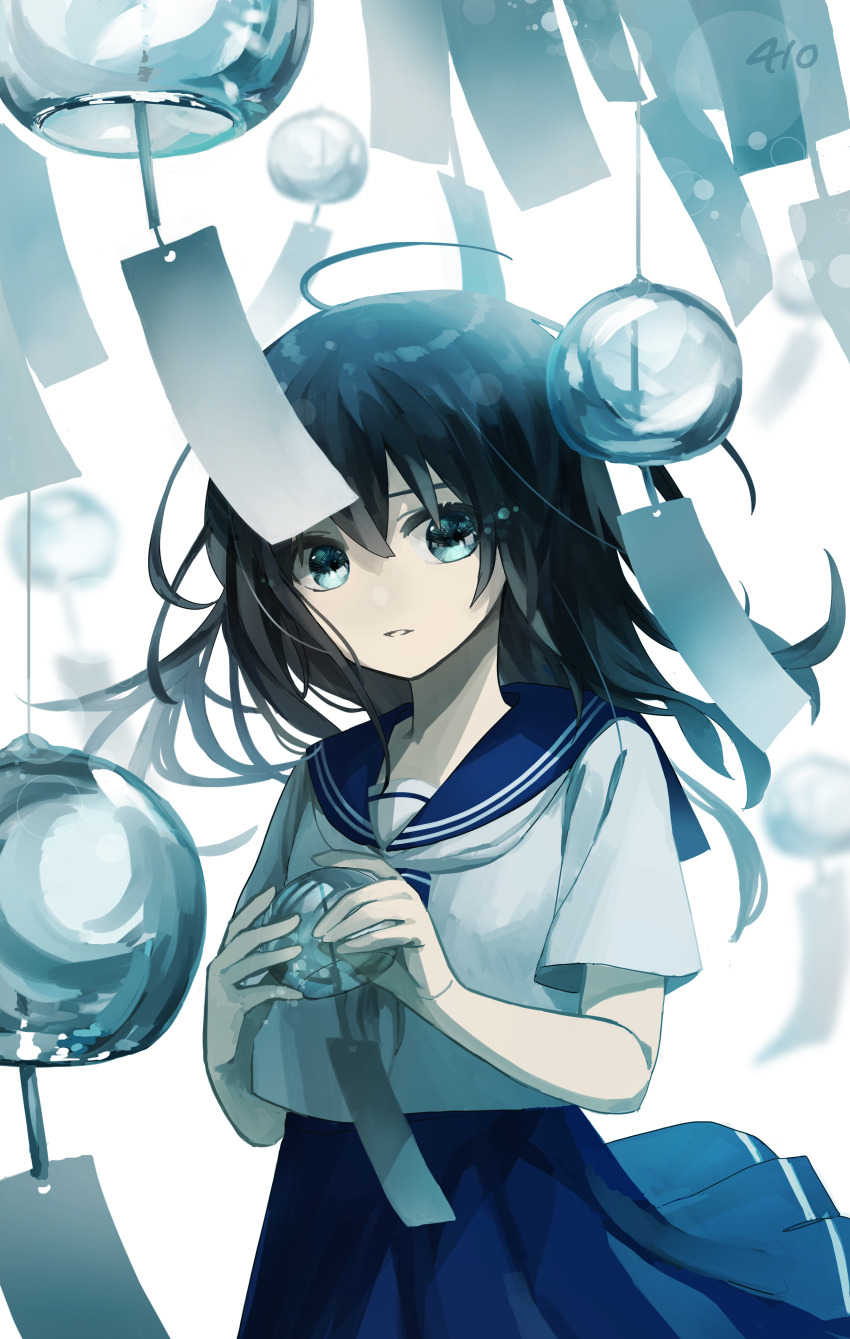 1girl absurdres ahoge black_hair blue_eyes blue_theme blurry bokeh depth_of_field highres holding long_hair looking_away original parted_lips school_uniform serafuku short_sleeves signature solo wind wind_chime wind_chime_focus yoru_410