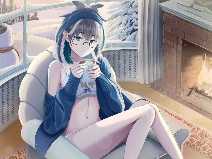 1girl absurdres alternate_costume aqua_eyes armchair black-framed_eyewear blue_hairband blue_jacket blush book bra breasts carpet chair closed_mouth coffee coffee_mug commentary_request commission cup feet_out_of_frame fire fireplace glasses grey_hair hairband hands_up head_wings highres indoors jacket knees_up long_sleeves looking_at_viewer medium_breasts medium_hair midriff mug multicolored_hair nanashi_inc. navel nyakatsu_sayu on_chair open_clothes open_jacket oura_rukako panties semi-rimless_eyewear single_bare_shoulder single_off_shoulder sitting skeb_commission smile snow snowman solo steam streaked_hair thighs two-tone_hair under-rim_eyewear underwear virtual_youtuber white_bra white_hair white_panties wings winter