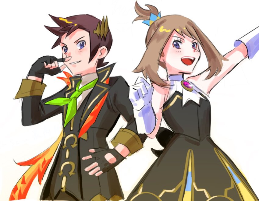1boy 1girl black_dress black_gloves brendan_(champion)_(pokemon) brendan_(pokemon) brown_hair dress elbow_gloves finger_to_own_nose fingerless_gloves game_freak gloves i1lli_1i2l looking_at_viewer may_(champion)_(pokemon) may_(pokemon) nintendo official_alternate_costume pokemon pokemon_masters_ex simple_background white_background white_gloves