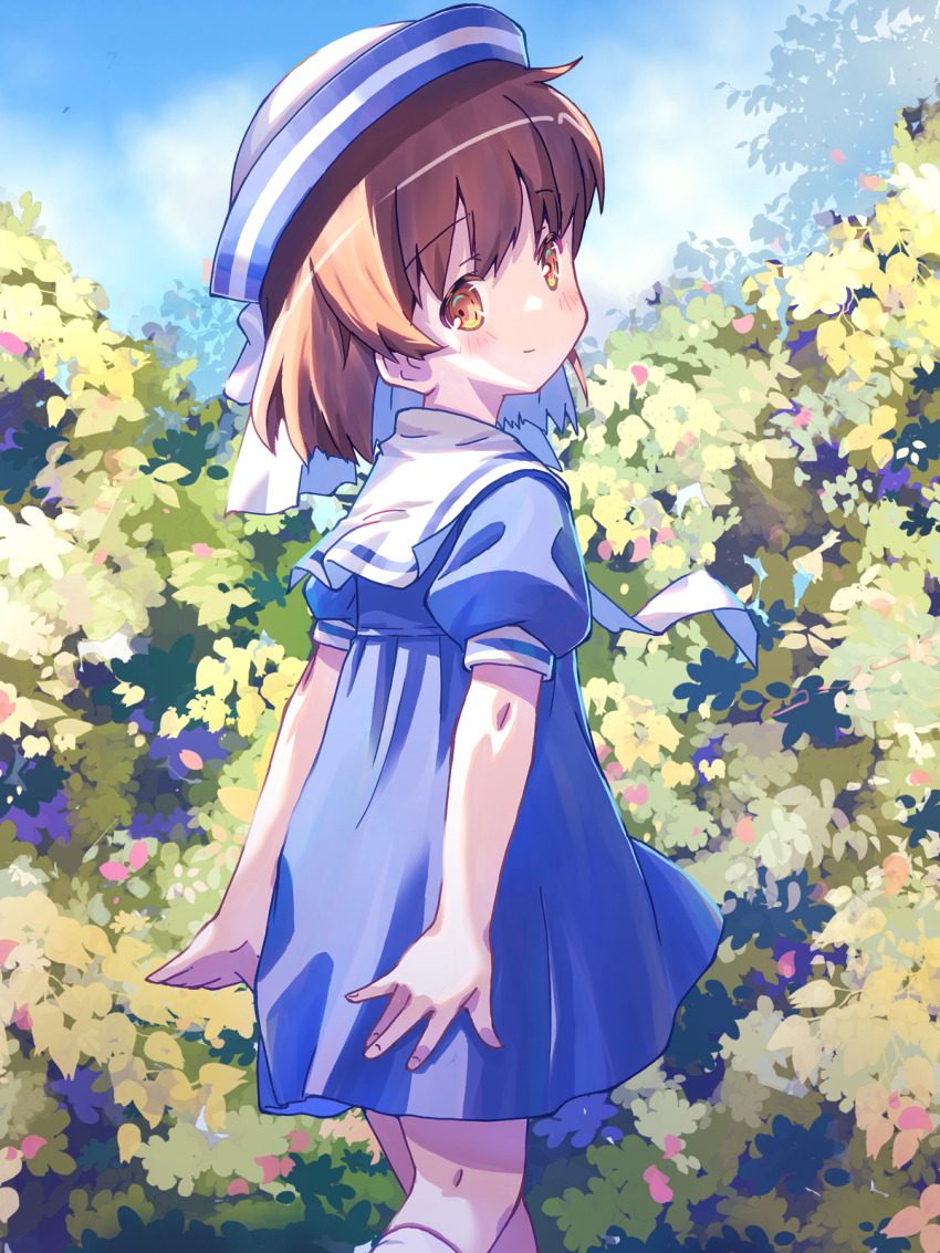 1girl \||/ akayama_yukihe arms_at_sides blue_dress blue_hat blue_sky blush brown_eyes brown_hair child clannad closed_mouth commentary day dress feet_out_of_frame from_side hat highres kindergarten_uniform looking_at_viewer medium_hair nature okazaki_ushio outdoors puffy_short_sleeves puffy_sleeves sailor_collar sailor_dress school_hat short_sleeves sky smile solo standing tareme white_sailor_collar