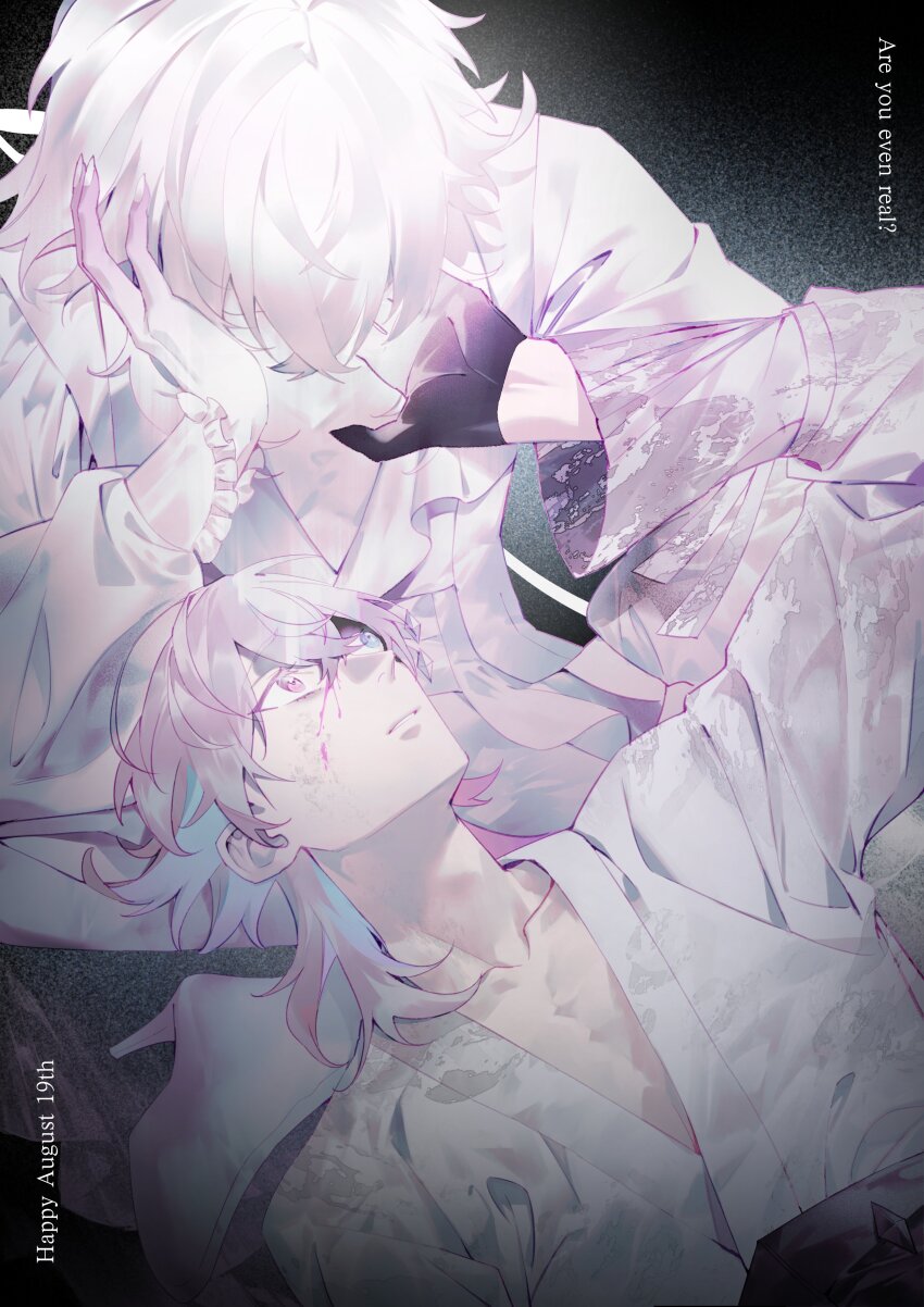 2boys absurdres bishounen black_gloves blood blood_on_face blue_eyes blue_hair collarbone commentary english_commentary english_text frilled_sleeves frills gavis_bettel gavis_bettel_(1st_costume) gloves grey_hair hair_between_eyes hand_up heterochromia highres holostars holostars_english jewelry long_sleeves lying lynnear male_focus medium_hair multicolored_hair multiple_boys on_back pale_skin pink_eyes pink_hair plunging_neckline shirt upper_body virtual_youtuber white_shirt