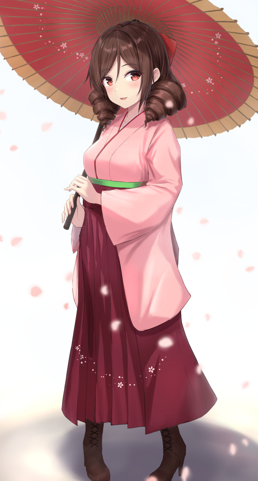 1girl blush boots brown_boots brown_hair commission drill_hair hair_ribbon hakama harukaze_(kancolle) high_heel_boots high_heels highres holding holding_umbrella japanese_clothes kantai_collection kimono lace-up_boots long_sleeves meiji_schoolgirl_uniform monoku oil-paper_umbrella open_mouth pink_kimono red_eyes red_hakama red_ribbon red_umbrella ribbon short_hair skeb_commission smile solo umbrella wide_sleeves