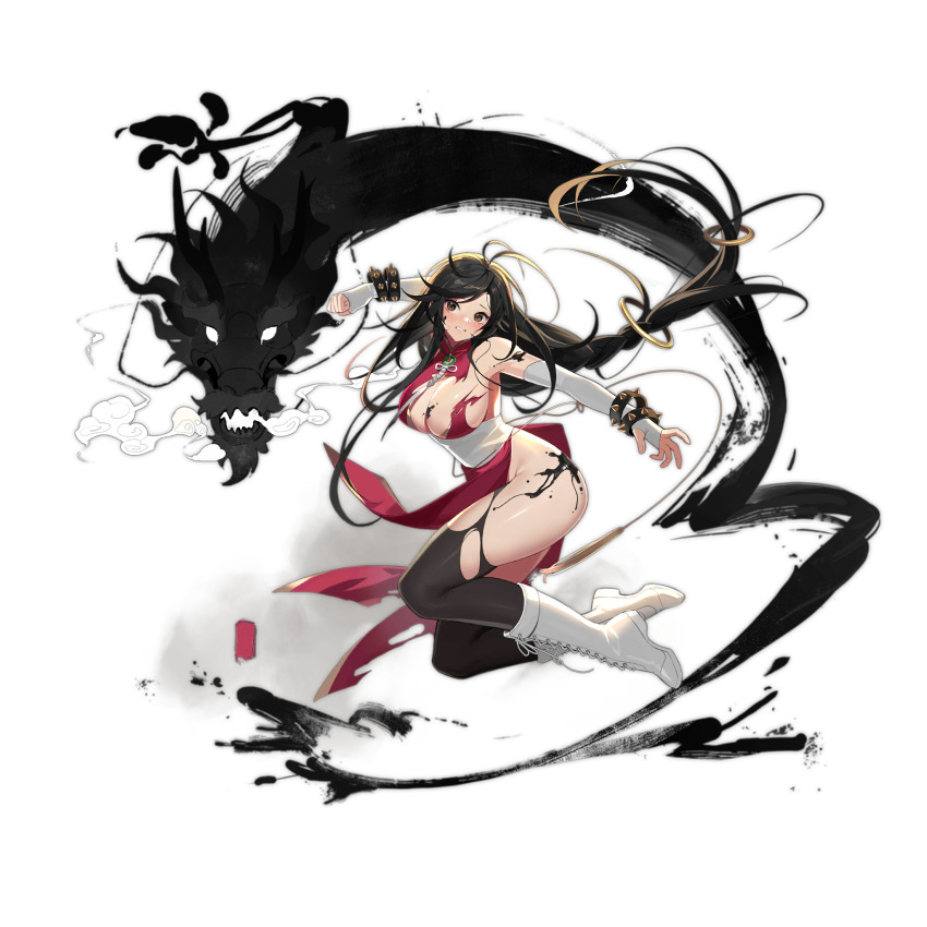 1girl bahao_diqiu black_eyes black_hair black_pantyhose blush boots bracelet breasts bridal_gauntlets china_dress chinese_clothes cleavage clenched_hand clenched_teeth dragon dress eastern_dragon elbow_gloves fighting_stance full_body general_liu_(girls&#039;_frontline) general_liu_(wandering_dragon_fist)_(girls&#039;_frontline) girls&#039;_frontline gloves highres ink ink_stain jewelry knee_boots lace-up_boots large_breasts long_hair looking_at_viewer messy_hair midair no_panties official_alternate_costume official_art pantyhose red_dress ring_hair_ornament simple_background solo spiked_bracelet spikes teeth third-party_source torn_clothes torn_dress torn_pantyhose transparent_background very_long_hair white_boots white_bridal_gauntlets white_gloves