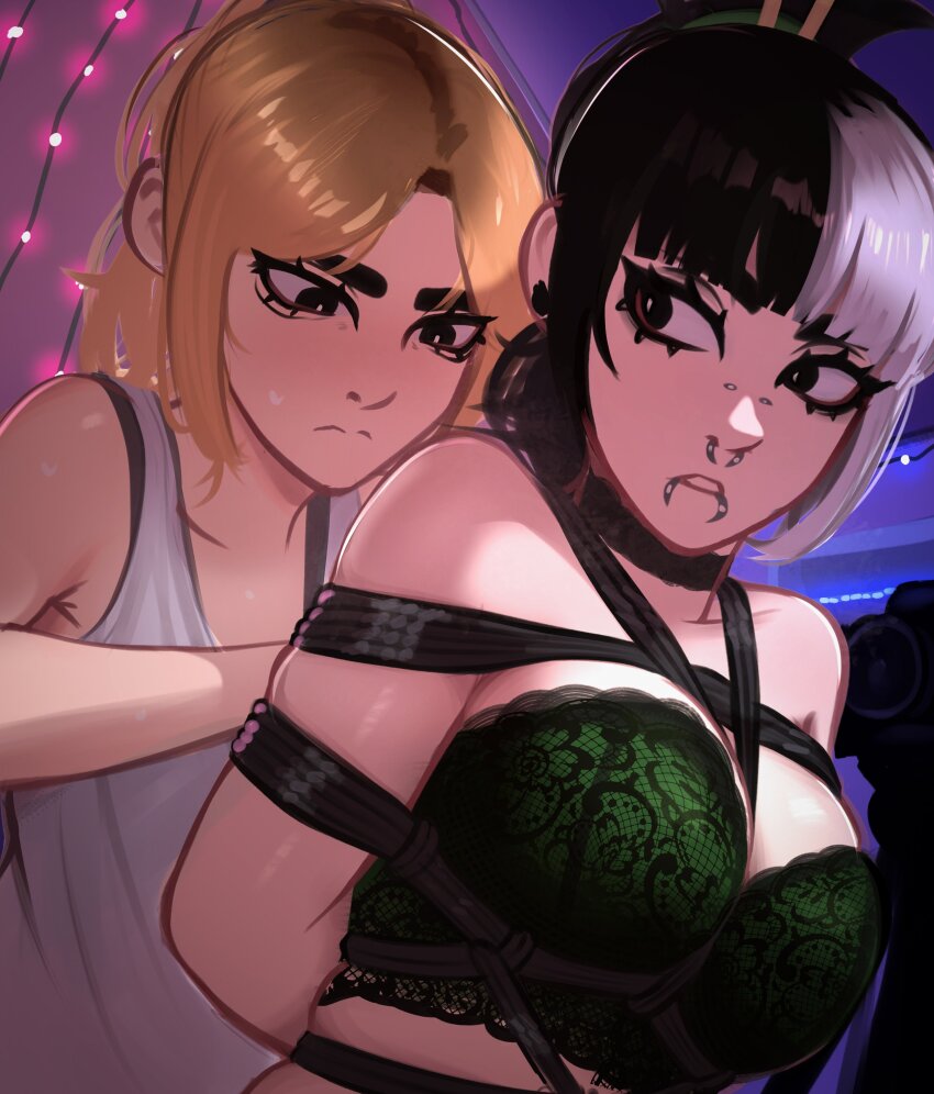 absurdres blonde_hair bra chopsticks_in_hair colored_bangs e-girl face_piercing focused green_bra highres jessie_(veyonis) lace lace_bra lesbian_couple lip_piercing mika_(veyonis) nose_piercing piercing tagme thot underwear veyonis yuri