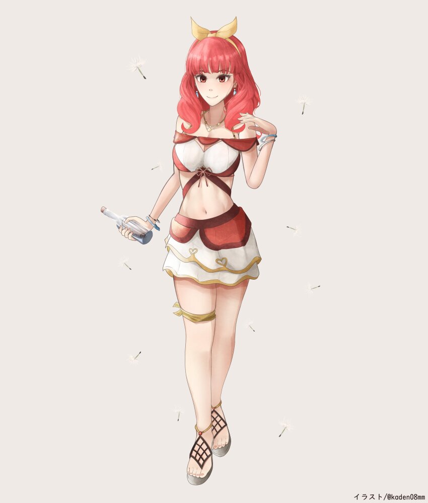 1girl absurdres bottle bracelet celica_(fire_emblem) dandelion earrings fire_emblem fire_emblem_echoes:_shadows_of_valentia flower hairband highres jewelry kaden08mm letter long_hair navel necklace nintendo princess red_eyes red_hair sandals skirt swimsuit yellow_hairband