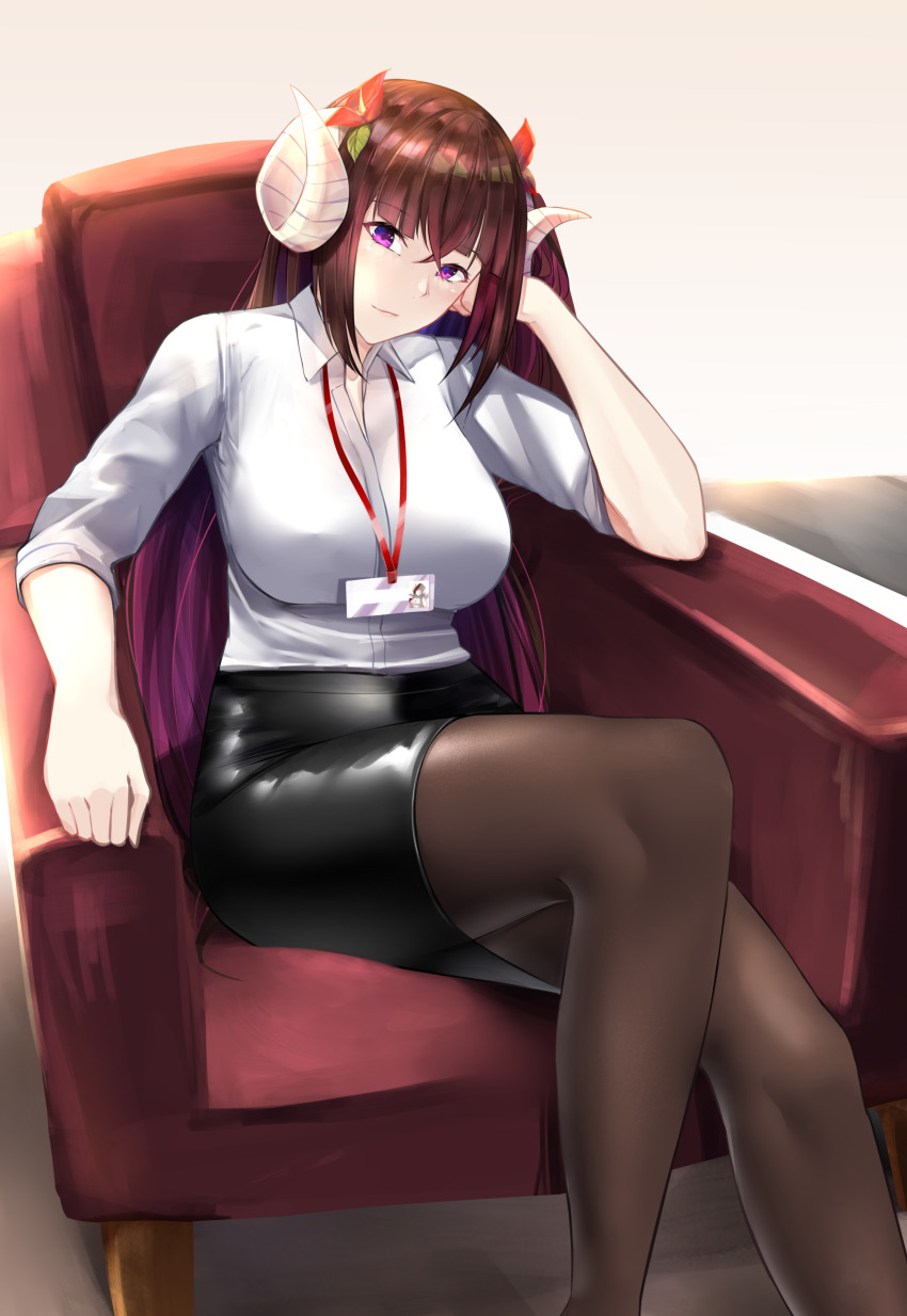 1girl absurdres alternate_costume armchair azur_lane black_pantyhose black_skirt blush breasts brown_hair chair closed_mouth crossed_legs feet_out_of_frame flower hair_flower hair_ornament hand_on_another&#039;s_head hand_on_own_head head_rest highres horns id_card irkawaza large_breasts lips long_hair looking_at_viewer office_lady pantyhose pencil_skirt purple_eyes shirt simple_background sitting skirt smile solo suruga_(azur_lane) white_shirt