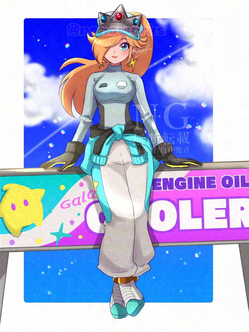 1girl adversarial_noise blonde_hair blue_eyes breasts clothes_around_waist crossed_ankles earrings gloves hair_over_one_eye hat highres jacket jacket_around_waist jewelry long_hair mario_(series) mario_kart mario_kart_world nintendo nonoworks official_alternate_costume ponytail racing_suit rosalina rosalina_(pro_racer) shirt solo star_(symbol) star_earrings tight_clothes tight_shirt watermark