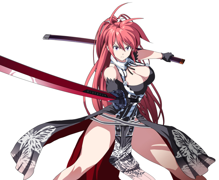 1girl absurdres breasts cleavage dress gloves highres holding holding_sword holding_weapon ignis_(jingai_makyou) jingai_makyou large_breasts long_hair oggy_(oggyoggy) red_hair solo sword transparent_background weapon