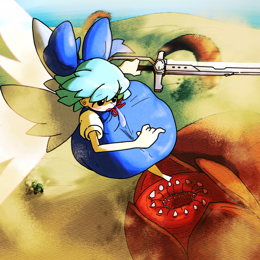 3girls absurdres black_eyes blue_dress blue_hair car cirno commentary_request cookie_(touhou) cranberry_(cookie) daiyousei dress flying full_body highres holding holding_sword holding_weapon kochiya_sanae micha_(cookie) mongolian_death_worm motor_vehicle muimui_(4242564muimui) multiple_girls neck_ribbon open_mouth puffy_short_sleeves puffy_sleeves red_ribbon ribbon sagiri_(cookie) sand shirt short_hair short_sleeves snot solo_focus sword touhou weapon white_shirt worm