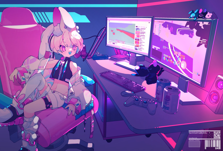1boy animal_ear_fluff animal_ear_footwear animal_ears animal_shoes asymmetrical_legwear barcode black_jacket blue_tongue can chair colored_tongue commentary computer computer_keyboard computer_mouse controller cropped_jacket dated_commentary desk drawstring drink_can english_text eyes_visible_through_hair fang game_controller hat hat_with_ears highres indoors jacket leg_warmers male_focus monitor navel on_chair open_clothes open_jacket open_mouth original ozureiji pink_eyes pink_hair qr_code rabbit_ears rabbit_footwear rabbit_zipper shoes short_hair shorts single_leg_warmer single_thighhigh sitting skin_fang sleeveless sleeveless_jacket smile sneakers solo symbol-only_commentary thigh_strap thighhighs tissue_box trap tsurime white_hat white_jacket white_leg_warmers white_shoes white_shorts white_thighhighs zipper zipper_pull_tab