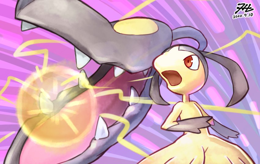 commentary_request dated energy_ball fangs gen_3_pokemon looking_to_the_side mawile nintendo no_humans null_suke one-hour_drawing_challenge open_mouth pokemon pokemon_(creature) red_eyes signature standing