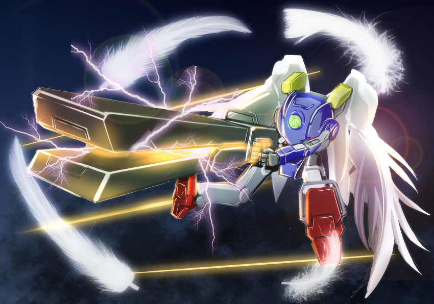 electricity energy energy_cannon feathers fujikusa fusion glowing glowing_weapon gun gundam gundam_wing gundam_wing:_endless_waltz highres holding holding_gun holding_weapon magnetic_weapon mecha no_humans northstar_(titanfall) one-eyed plasma plasma_cannon railgun robot science_fiction solo space titanfall_(series) titanfall_2 weapon wing_gundam_zero_custom wings