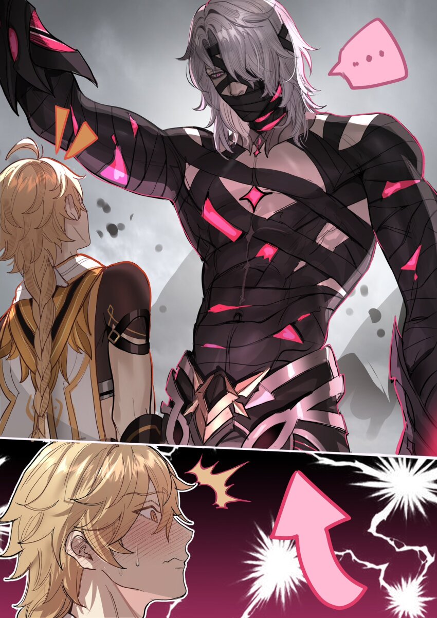 ... 2boys aether_(genshin_impact) bandaged_torso bandages_over_mouth black_bandages blonde_hair blush braid closed_mouth commentary covered_abs covered_pectorals genshin_impact hair_between_eyes haze_(ha_ze) height_difference highres long_hair looking_at_another male_focus multiple_boys pectorals purple_eyes rerir_(genshin_impact) single_braid spoken_ellipsis white_hair yaoi yellow_eyes