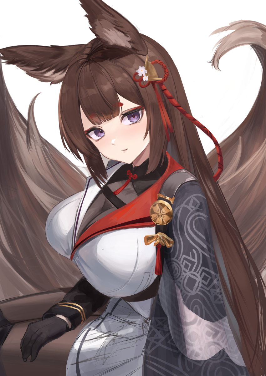 1girl absurdres amagi_(azur_lane) amagi_(cv)_(azur_lane) animal_ears azur_lane black_gloves breasts brown_hair brown_pantyhose brown_tail cleavage fox_ears fox_girl fox_tail gloves hair_ornament hand_on_own_leg hand_on_own_thigh highres large_breasts long_hair long_sleeves looking_at_viewer multiple_tails pantyhose parted_lips purple_eyes remapack77 simple_background sitting sketch solo tail tail_raised white_background
