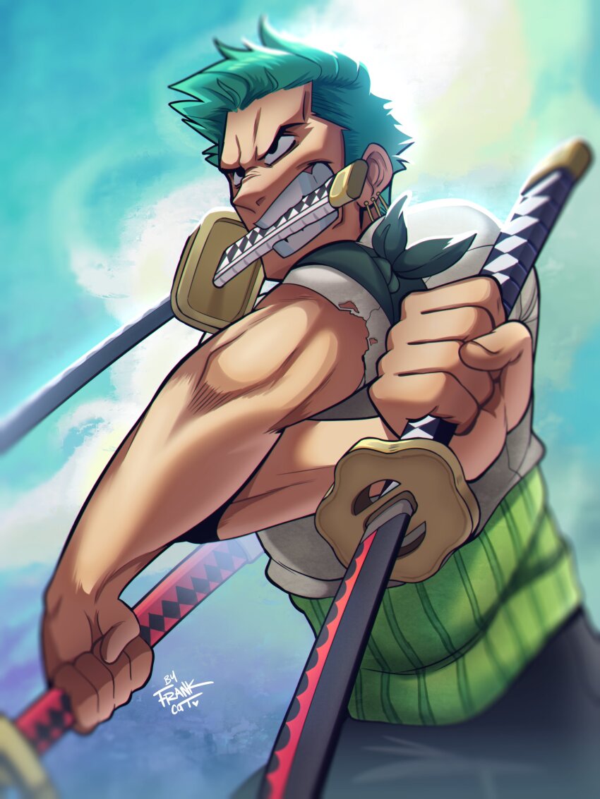 1boy absurdres bandana bandana_around_arm black_eyes clenched_teeth cloud cloudy_sky commentary earrings english_commentary green_hair highres holding holding_sword holding_weapon jewelry katana male_focus mouth_hold one_piece outdoors roronoa_zoro shirt short_hair short_sleeves signature single_earring sky solo sword teeth triple_wielding weapon white_shirt yoselinfrankcat