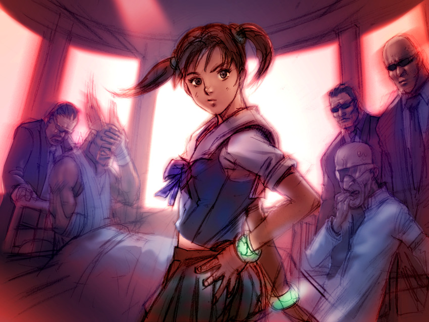 1girl 5boys arm_sling arm_wrap bald bangle biting black_hair bracelet dr.abel_(tekken) facepalm formal_clothes game_cg hand_on_own_hip hand_wraps jewelry kawano_takuji ling_xiaoyu looking_at_viewer looking_back mishima_heihachi multiple_boys nail_biting official_art on_bed pleated_skirt school_uniform serafuku short_twintails skirt suit sunglasses sweat tekken tekken_4 twintails