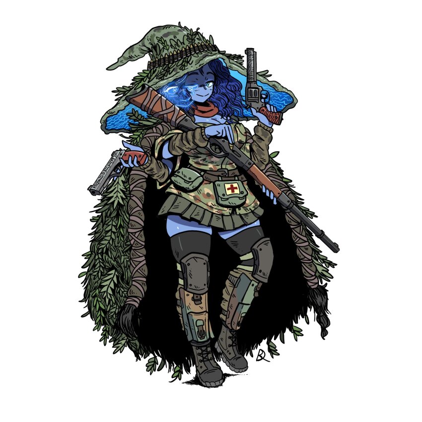 armor bandolier belt blue_eyes blue_hair blue_skin boots breasts cleavage cloak colored_skin combat_medic cross dual_wielding elden_ring first_aid_kit ghillie_suit greaves gun handgun hat highres holding kabewski knee_pads leaf lever_action looking_at_viewer ranni_the_witch red_cross reloading revolver rifle scarf skirt smile thighhighs triple_wielding weapon witch_hat
