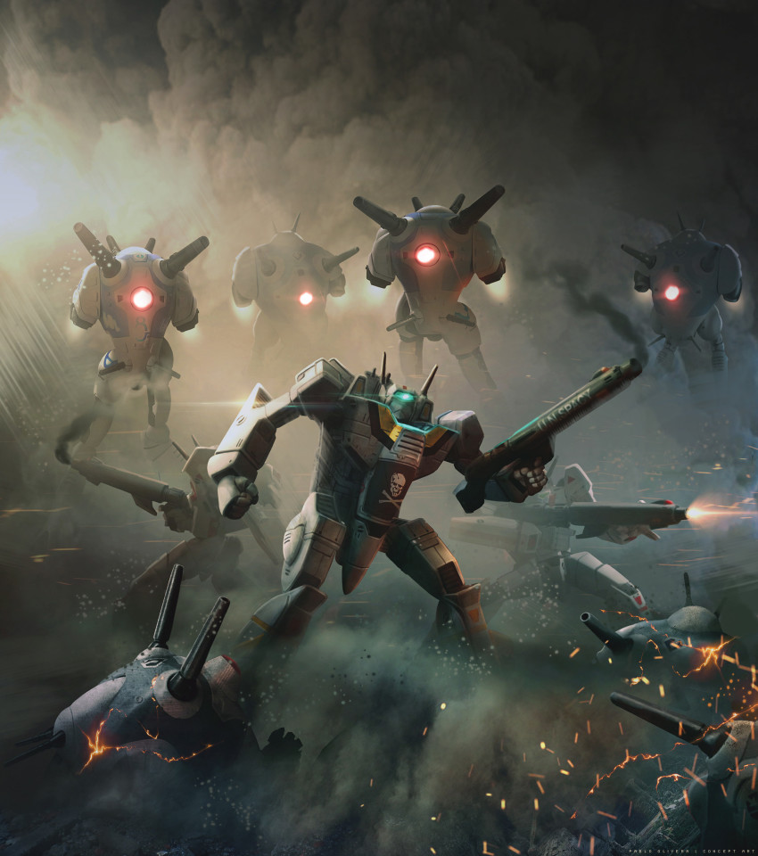 alien broken choujikuu_yousai_macross commentary concept_art crack damaged debris destruction dirty emblem energy_cannon esbeliben fire firing fog glowing glowing_eye gun gunpod highres jolly_roger lens_flare machine_gun macross mecha mecha_focus pabloolivera realistic regult robot robotech roundel science_fiction sensor smoke sparks surrounded u.n._spacy variable_fighter vf-1 vf-1j visor walker_(robot) weapon wreckage zentradi