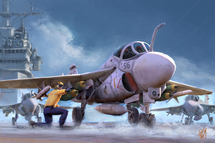 1boy 1other a-6_intruder aircraft aircraft_carrier aircraft_marshaller airplane blue_pants blue_sky bomb canopy_(aircraft) closed_mouth cloud commentary english_commentary explosive gloves goggles helmet highres jacket jet long_sleeves looking_to_the_side military military_vehicle missile original outdoors pants pilot pilot_helmet pointing pointing_to_the_side pvtskwerl realistic ship signature sky takeoff unused_tire vehicle_focus walkie-talkie warship watercraft wheel yellow_jacket