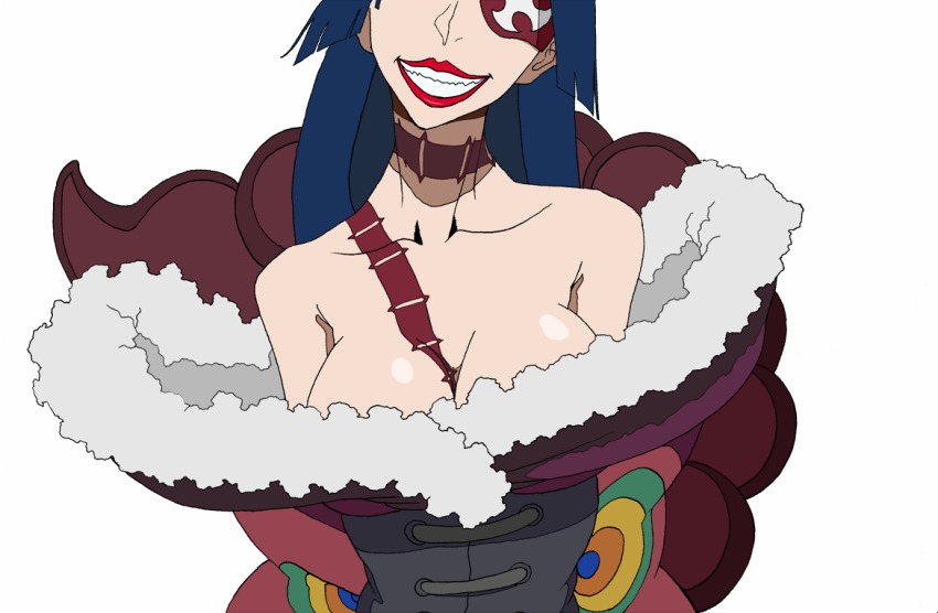 00s 1girl adiane bad_id bad_pixiv_id blue_hair breasts cleavage eyepatch female_focus gishu grin head_out_of_frame large_breasts lipstick long_hair makeup smile solo tattoo tengen_toppa_gurren_lagann
