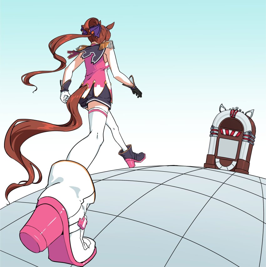 1girl absurdres animal_ears asymmetrical_footwear asymmetrical_gloves boots brown_hair epaulettes fringe_trim gameplay_mechanics gloves hair_ribbon high_heel_boots high_heels highres horse_ears horse_girl horse_tail hyoutan_tan jojo_no_kimyou_na_bouken jukebox meme mismatched_footwear mismatched_gloves oh?_you&#039;re_approaching_me?_(meme) parody ponytail ribbon sakura_bakushin_o_(umamusume) shirt shorts simple_background sleeveless sleeveless_shirt solo stardust_crusaders tail thighhighs tile_floor tiles umamusume walking