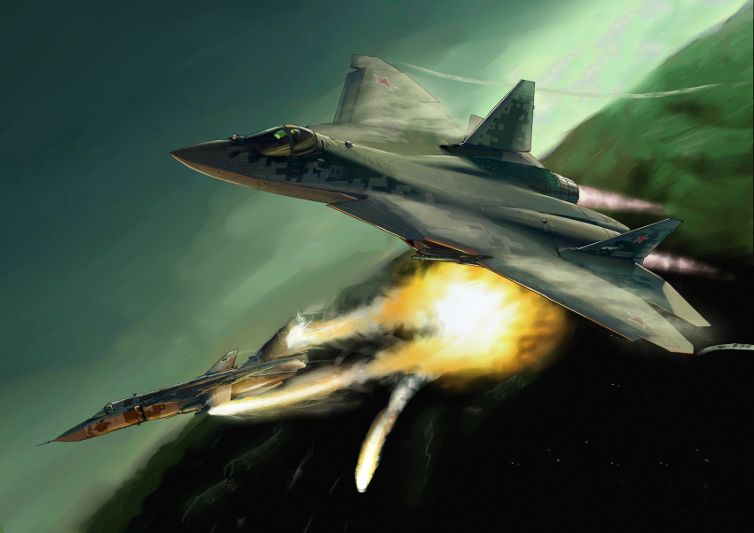 absurdres aerial_battle afterburner aircraft airplane battle camouflage digital_camouflage dogfight explosion fighter_jet fire highres mig-23 military_vehicle no_humans original red_star russian_air_force star_(symbol) su-57 tip_vorticies ukrainian_air_force vehicle_focus yukikaze_supersylph
