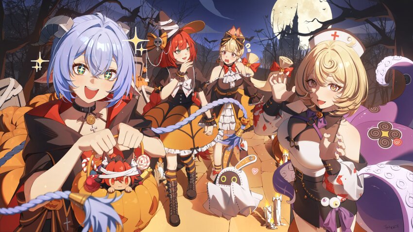 +_+ 1other 4girls absurdres accessories alice_thymefield alternate_costume animal_ears ascot bandages bangboo_(zenless_zone_zero) bare_shoulders bare_tree bat_(animal) belt belted_skirt black_boots black_bow black_horns black_shirt black_skirt blonde_hair blood blood_on_clothes blue_hair blush boots bow braid breasts bucket candle candy chest_bow choker claw_pose commentary cross cross_choker detached_sleeves english_commentary eous_(zenless_zone_zero) eyeball food food-themed_hair_ornament frilled_sleeves frills ghost_costume goat_ears goat_girl goat_horns green_eyes hair_between_eyes hair_bow hair_intakes hair_ornament halloween halloween_bucket halloween_costume hat hat_bow heart heterochromia high-waist_skirt highres holding holding_bucket holding_hands hood horns komano_manato large_breasts long_hair looking_at_another looking_at_viewer low_twintails lucia_elowen mansion mole mole_under_mouth monster_girl moon multiple_girls neck_ribbon night night_sky nurse_cap open_mouth orange_bow orange_eyes orange_socks outdoors pointy_ears pumpkin pumpkin_brooch pumpkin_hair_ornament purple_bow purple_eyes purple_ribbon rabbit_girl red_bow red_eyes red_hair red_ribbon ribbon ringed_eyes scylla shadow shirt short_hair skirt skull_brooch sky socks sparkle sphere_hair_ornament sticker striped_clothes striped_socks stuffed_toy suction_cups teeth tentacle_girl tentacle_tail tentacles tombstone tree tujiu_sama twin_braids twintails ukinami_yuzuha upper_teeth_only white_ascot white_shirt witch_hat wrist_cuffs yidhari_murphy zenless_zone_zero