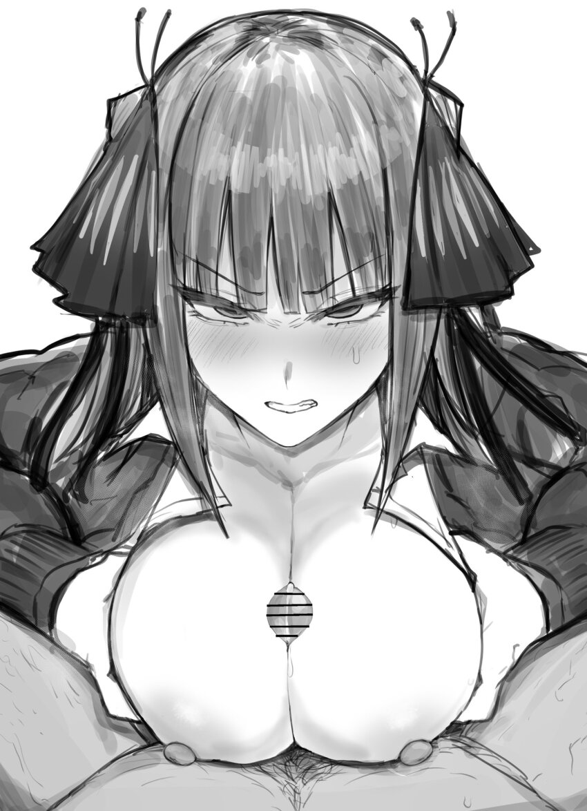 1boy 1girl angry black_ribbon blush breasts breasts_squeezed_together butterfly_hair_ornament clenched_teeth clothed_female_nude_male go-toubun_no_hanayome greyscale hair_ornament hair_ribbon highres jacket large_breasts long_sleeves looking_at_viewer monochrome nabeshiki_(nabeyashiki) nakano_nino nipples nude paizuri penis pov pov_crotch ribbon school_uniform shirt teeth twintails two_side_up