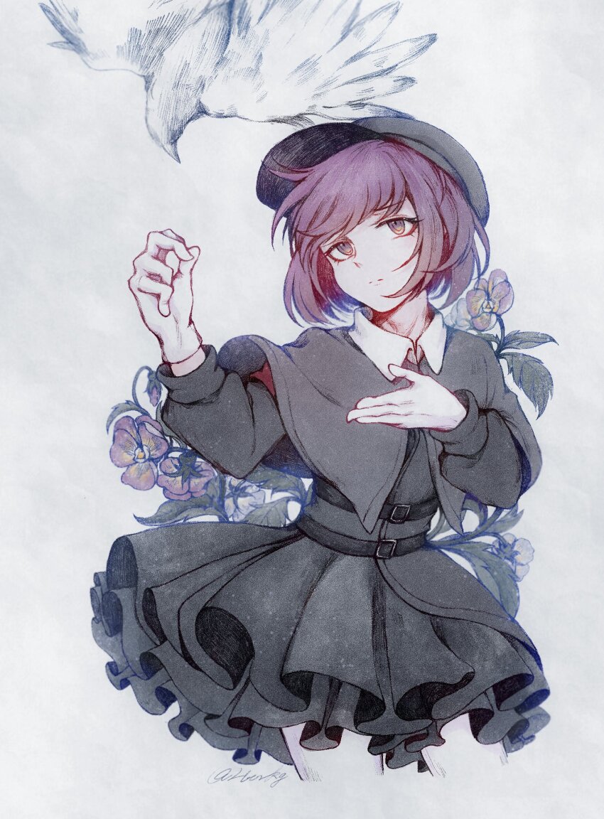 1girl belt bird black_belt black_capelet black_dress black_headwear capelet closed_mouth commentary_request cookie_(touhou) cowboy_shot dress flower frilled_dress frills geru_futota gloves highres hotaru_kago long_sleeves looking_at_viewer purple_eyes purple_flower purple_hair remilia_scarlet ringed_eyes short_hair signature simple_background single_glove solo touhou white_background white_bird white_gloves