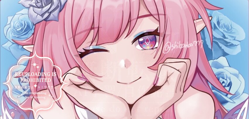 1girl ;) blue_background cyrene_(honkai:_star_rail) cyrene_(ripples_of_past_reverie)_(honkai:_star_rail) diamond-shaped_pupils diamond_(shape) flower hair_flower hair_ornament honkai:_star_rail honkai_(series) long_hair makeup one_eye_closed pink_hair pointy_ears purple_eyes shiba_(tonari_no_shiba_inu) smile symbol-shaped_pupils twitter_username watermark