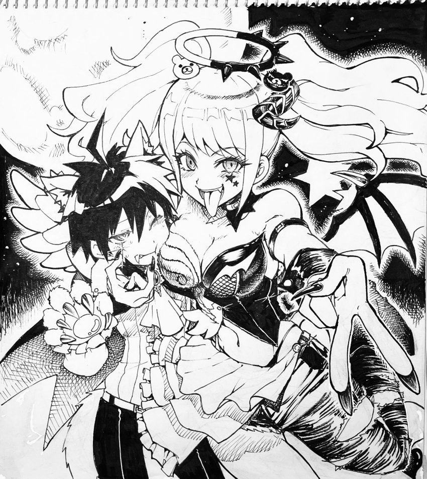 1boy 1girl ahoge angel_and_devil angel_wings bare_shoulders bear_hair_ornament blush breasts cheek-to-breast cleavage collarbone danganronpa:_trigger_happy_havoc danganronpa_(series) demon_wings enoshima_junko fang fingernails greyscale hair_ornament halo highres holding horns large_breasts leotard long_hair looking_at_another monochrome naegi_makoto nail_polish navel one_eye_closed pants sharp_fingernails single_horn smile spiked_halo star_tattoo stomach sweat tattoo teeth tongue tongue_out torn_clothes torn_pants tsunemi_aosa twintails two-tone_background upper_teeth_only v wings