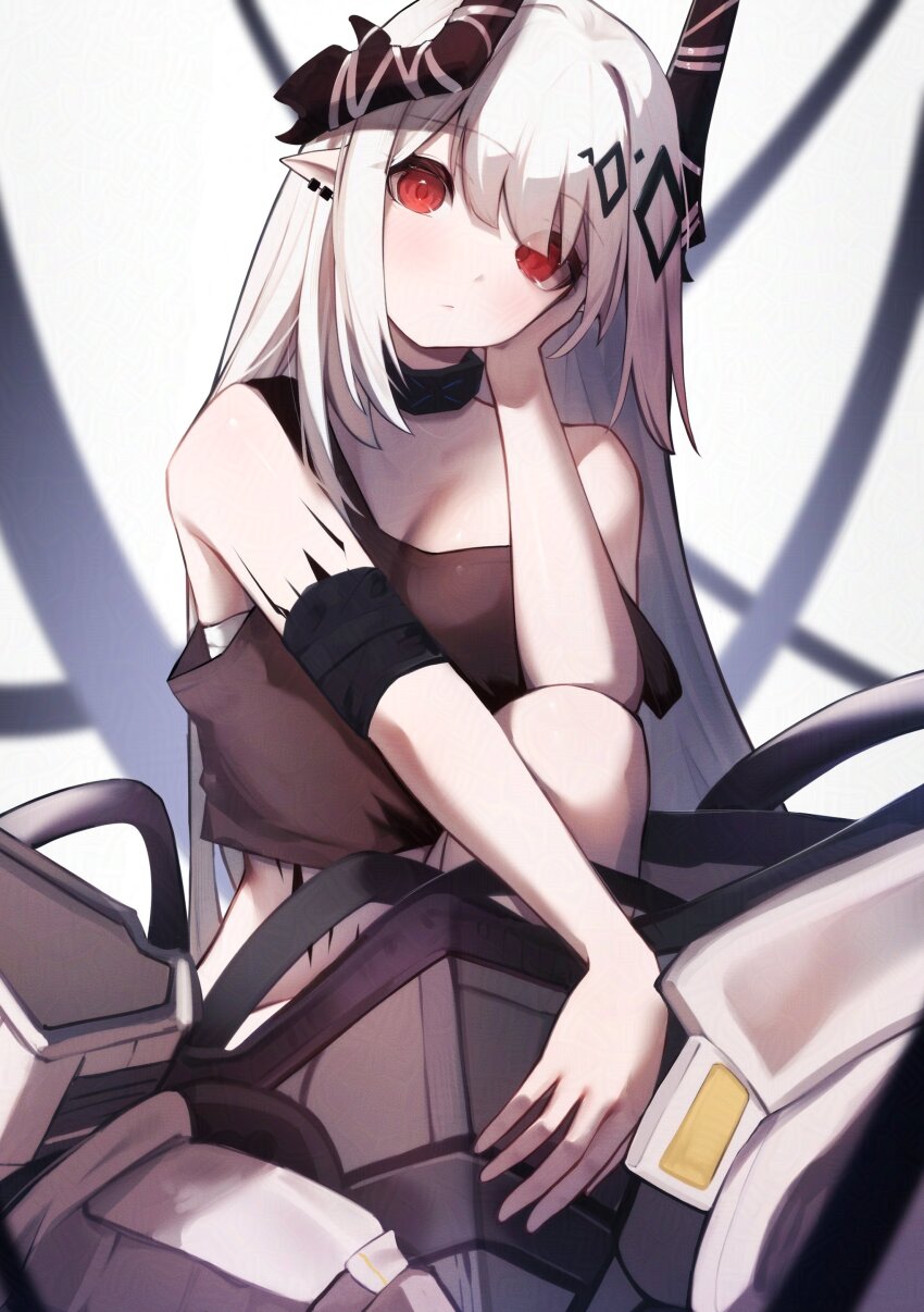 1girl absurdres arknights bandaged_arm bandages bare_shoulders black_horns blush brown_sports_bra chest_sarashi closed_mouth cowboy_shot earrings eyes_visible_through_hair film_grain hand_on_own_face head_rest highres horns infection_monitor_(arknights) jewelry knee_up long_hair looking_at_viewer material_growth mudrock_(arknights) mudrock_(elite_ii)_(arknights) oripathy_lesion_(arknights) pointy_ears red_eyes sarashi sitting sleeveless solo sports_bra strap_slip white_hair worimehl