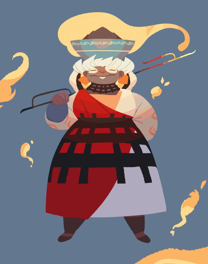 1girl absurdres armlet calavera145 closed_eyes coal dark-skinned_female dark_skin dress earrings fat fat_woman hades_(series) hades_2 hestia_(hades) highres holding hood jewelry long_sleeves mature_female poker pot_on_head smile smoke solo vitiligo white_hair