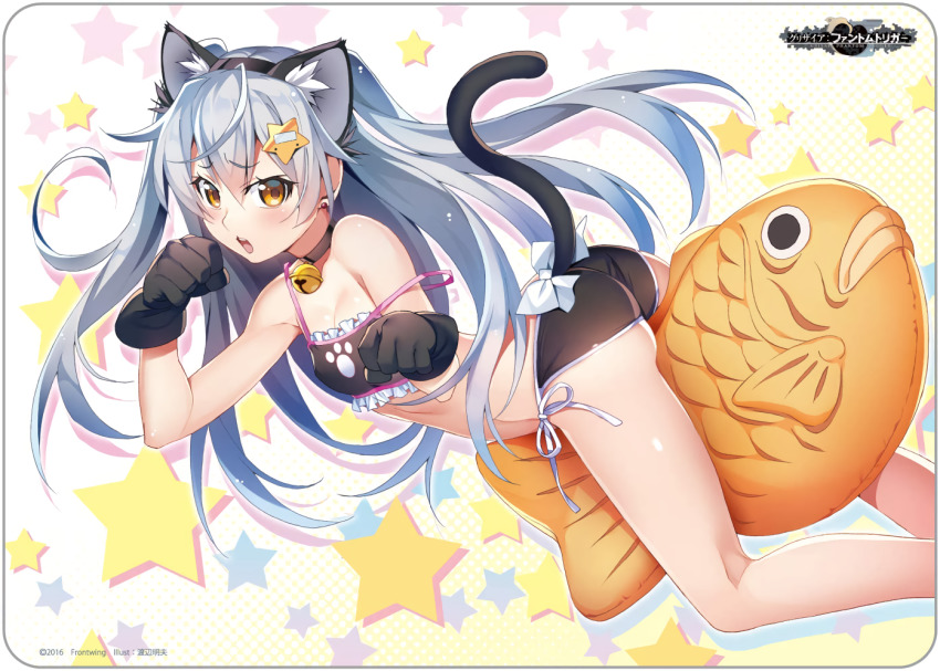 1girl animal_ears ass bell between_legs black_bra black_gloves black_panties blush bra breasts brown_eyes cat_day cat_ears choker company_name dated drop_shadow dutch_angle earrings fake_animal_ears feet_out_of_frame frills gloves grisaia_(series) grisaia_phantom_trigger hair_between_eyes hair_ornament hairband jewelry jingle_bell logo neck_bell non-web_source official_art open_mouth panties paw_pose paw_print shishigaya_touka side-tie_panties small_breasts solo star_(symbol) star_hair_ornament star_symbol_background strap_slip stud_earrings stuffed_animal stuffed_fish stuffed_toy two_side_up underwear underwear_only watanabe_akio