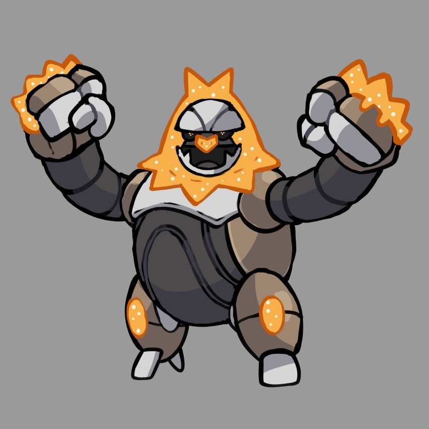 absurdres adoptable black_sclera clenched_hands colored_sclera commentary creatures_(company) english_commentary fakemon fangs full_body game_freak gen_3_pokemon highres nintendo no_humans non-humanoid_robot open_mouth orange_eyes original pokemon pokemon_(creature) pokemon_focus rgreywind robot robot_animal skin_fangs slaking solo standing