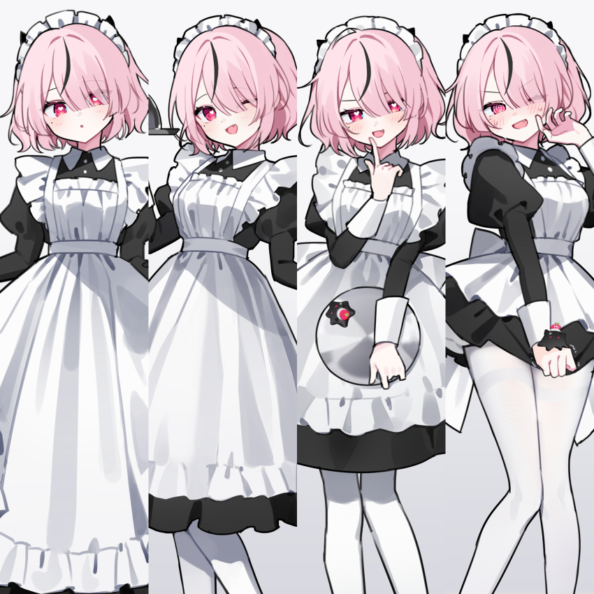 1girl :d :o ;d ? @_@ apron black_dress black_hair black_shoes blush commentary_request dress fang full_body hair_over_one_eye heart heart-shaped_pupils highres holding holding_tray index_finger_raised long_sleeves maid maid_headdress multicolored_hair multiple_views one_eye_closed open_mouth original pantyhose pink_eyes pink_hair shoes simple_background skirt_hold smile streaked_hair sweatdrop symbol-shaped_pupils tray v-shaped_eyebrows waka_(wk4444) white_apron white_background white_pantyhose