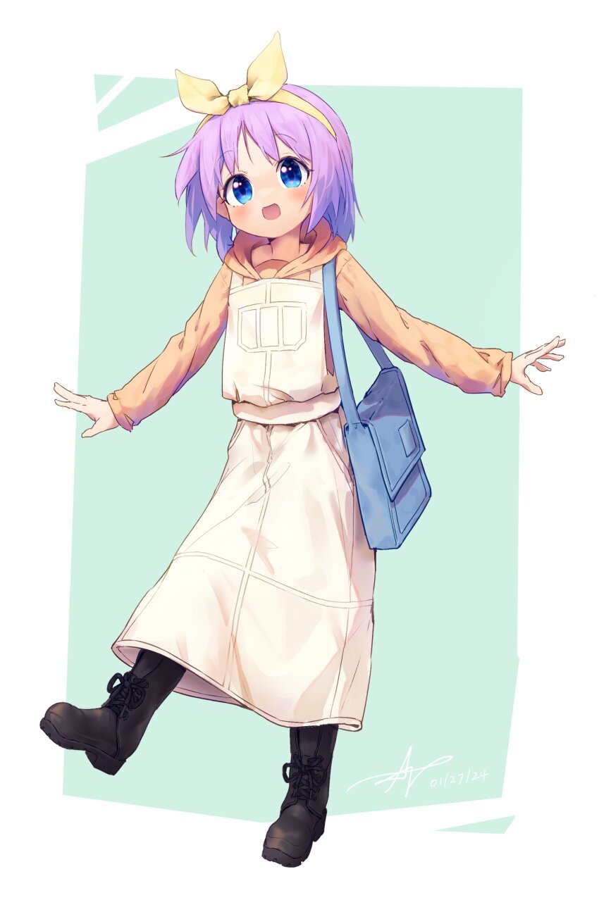1girl absurdres ap04astral bag black_boots blue_bag blue_eyes blush boots happy highres hiiragi_tsukasa hood hoodie long_skirt lucky_star open_hands open_mouth orange_hoodie outside_border overall_skirt purple_hair ribbon short_hair shoulder_bag skirt standing standing_on_one_leg yellow_ribbon
