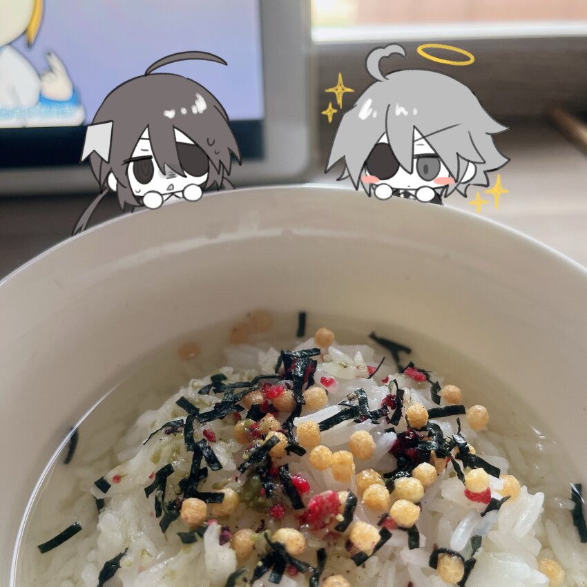 1boy 1girl ahoge alela_grora_(funamusea) black_eyes black_hair black_necktie black_suit blurry blurry_background blush_stickers bowl chibi chibi_only closed_mouth collared_shirt colored_skin computer eyepatch food_request formal_clothes funamusea grey_eyes grey_hair grey_shirt haiiro_teien hair_between_eyes hair_ornament halo highres laptop low_twintails necktie open_mouth photo_background poptepipic popuko rice shirt small_sweatdrop sparkle suit triangle_mouth tsz_ju2mao1 twintails white_skin wodahs_(funamusea)
