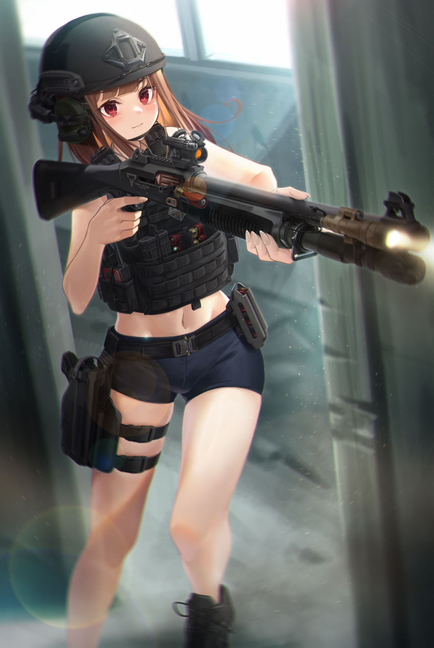1girl absurdres ammunition ammunition_pouch benelli_m4_super_90 black_boots black_headwear black_shirt blue_shorts blurry blurry_background blush boots brown_hair buckle casing_ejection chest_rig combat_helmet commentary commission denim denim_shorts english_commentary enpera_(jdud8375) feet_out_of_frame flashlight gun headset helmet highres lace-up_boots lens_flare optical_sight original pouch red_eyes shell_casing shirt short_shorts shorts shotgun shotgun_shell shotgun_slug sleeveless sleeveless_shirt smile snap-fit_buckle solo trigger_discipline weapon