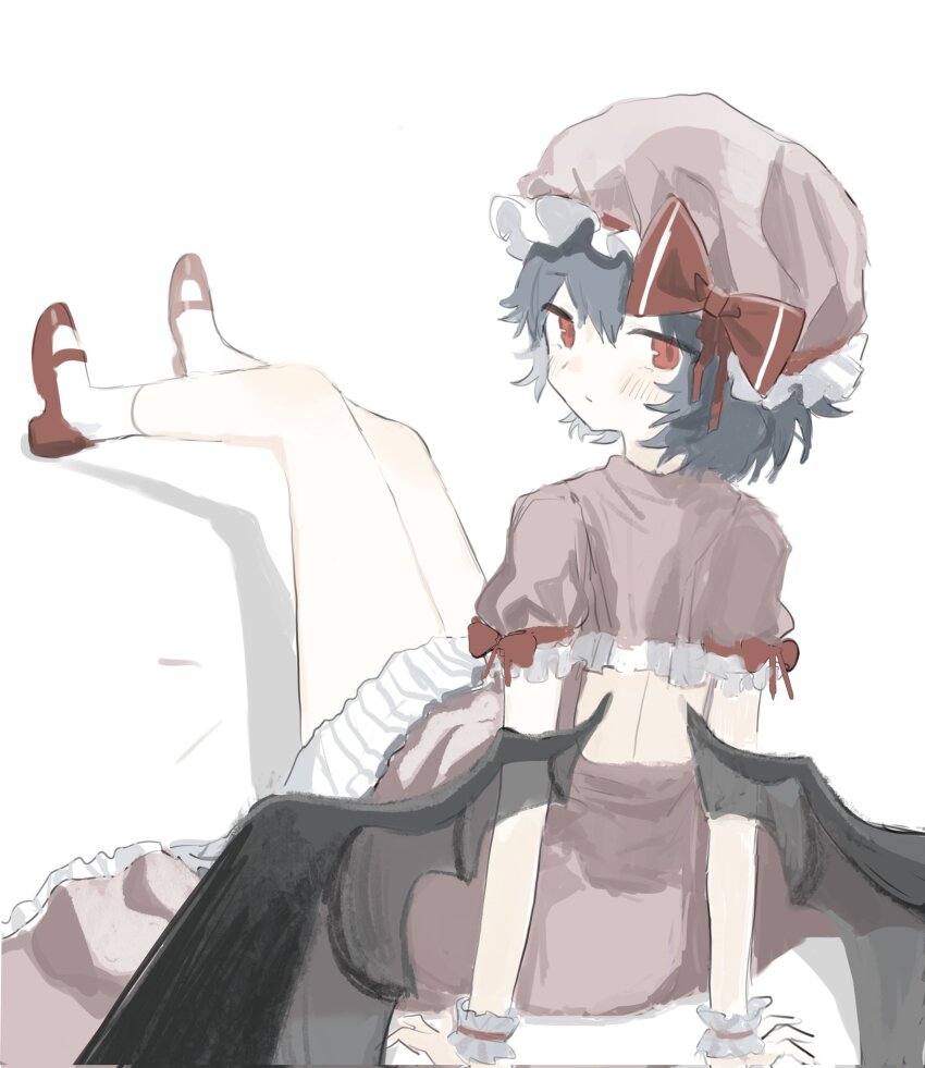1984_(cw1000110) 1girl bat_wings blue_hair blush bow commentary_request cropped_shirt hair_between_eyes hat hat_bow highres looking_at_viewer mary_janes mob_cap pink_hat pink_shirt pink_skirt puffy_short_sleeves puffy_sleeves red_bow red_eyes red_shoes remilia_scarlet shirt shoes short_hair short_sleeves simple_background sitting skirt sleeve_bow solo touhou white_background wings wrist_cuffs
