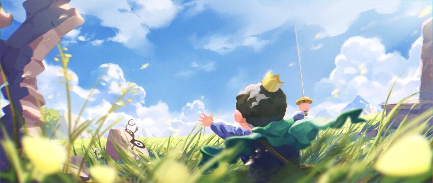 1boy arms_up black_hair blue_shirt blue_sky blurry blurry_foreground bojji cape cloud commentary crown day depth_of_field english_commentary facing_away grass green_cape highres holding holding_sword holding_weapon kage_(ousama_ranking) leaf long_sleeves mini_crown mountain orenji_(orenjikunart) ousama_ranking outdoors rock ruins running scenery shirt short_hair sky sword tree weapon