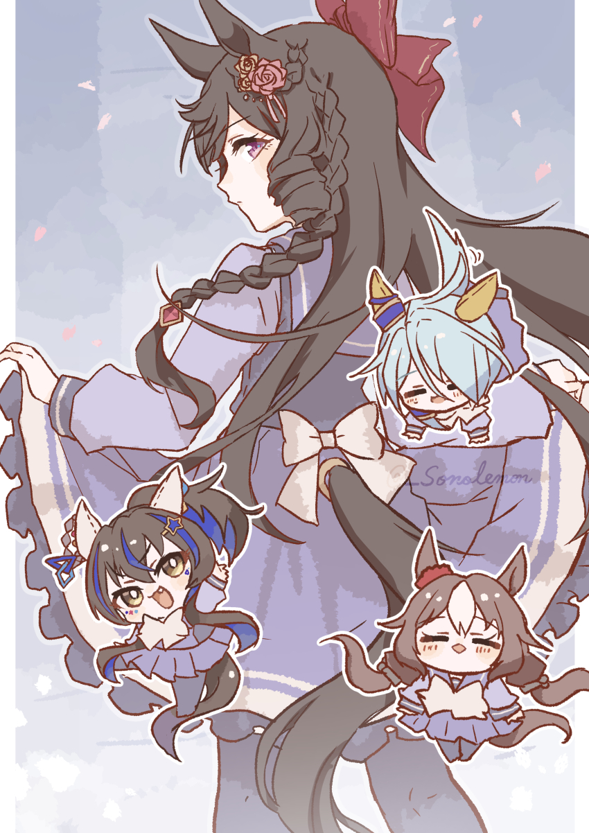4girls =_= absurdres animal_ears arm_up bakemonogatari blue_eyes blue_hair blush_stickers bow bowtie braid brown_hair chibi closed_eyes clothing_cutout commentary_request cowboy_shot daiichi_ruby_(umamusume) daitaku_helios_(umamusume) diamond_mouth ear_covers ear_flower ear_ornament fang flower from_behind gem hair_bow hair_over_one_eye head_tilt highres horse_ears horse_girl horse_tail izu_lemon k.s.miracle_(umamusume) light_blue_hair long_hair long_sleeves looking_at_viewer low_twintails mini_person minigirl monogatari_(series) motion_lines multicolored_hair multiple_girls open_mouth outline parody purple_sailor_collar purple_shirt purple_skirt red_bow red_flower red_gemstone red_rose rose sailor_collar sailor_shirt school_uniform senjougahara_pose shirt short_hair side_ponytail sidelocks sideways_glance skirt skirt_hold streaked_hair tail tail_through_clothes tracen_school_uniform turning_head twintails two-tone_hair umamusume very_long_hair waist_bow white_bow white_bowtie white_hair winter_uniform yamanin_zephyr_(umamusume) yellow_flower yellow_rose
