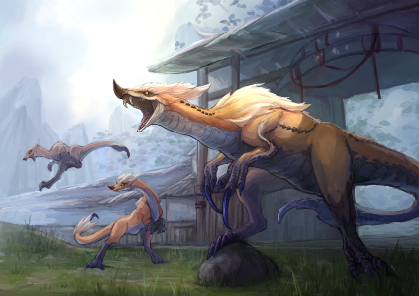 claws digitigrade fangs gate gradient_fur grass great_izuchi highres izuchi jumping monster monster_focus monster_hunter_(series) monster_hunter_rise multicolored_fur orange_fur raika_(raika_3890) rock sharp_tail sharp_teeth sky slit_pupils standing tail teeth white_fur